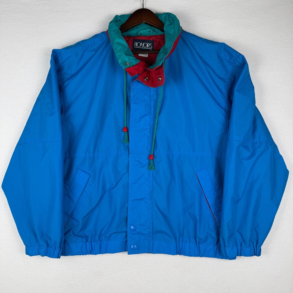 Vtg Honors Mens XL 80s 90s Colorblock Windbreaker Jacket Packable Hood 10656‎